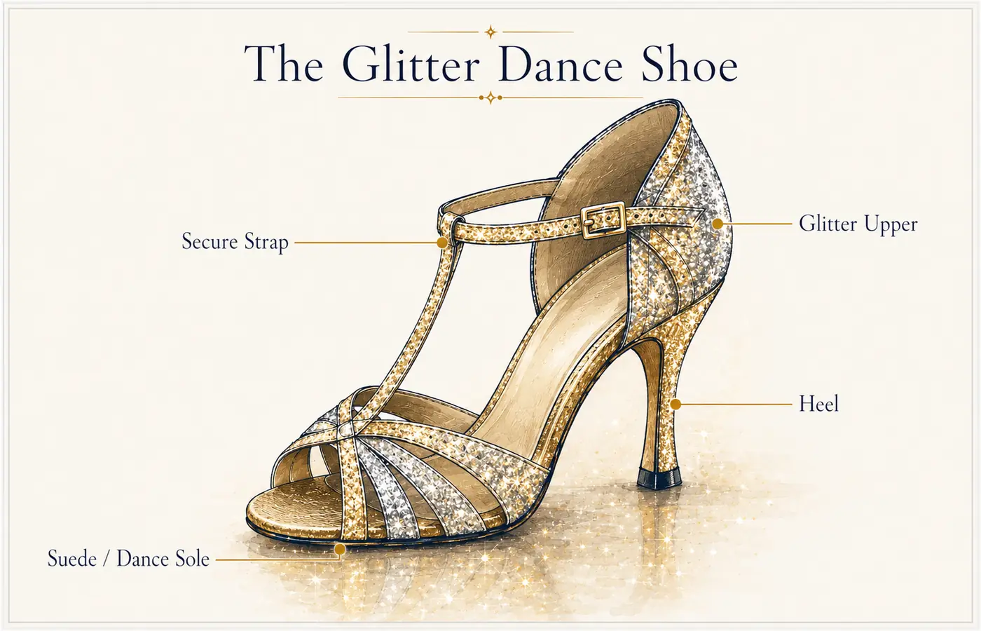 The parts of a glitter dance shoe: glitter upper, secure strap, heel, and suede or dance sole.
