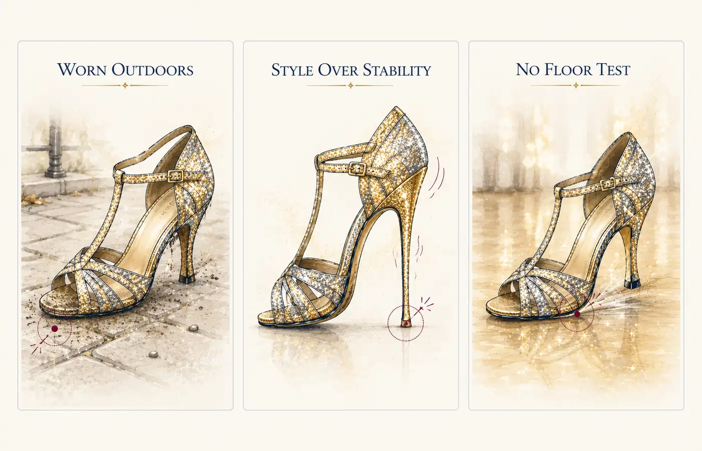 Common glitter dance shoe mistakes: wearing glitter soles outdoors, choosing sparkle over stability, and skipping the floor test.