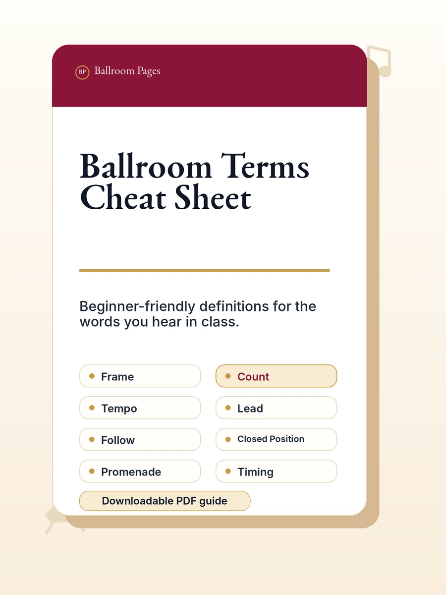 Ballroom Terms Cheat Sheet download cover from Ballroom Pages featuring count, tempo, frame, lead, follow, and timing.