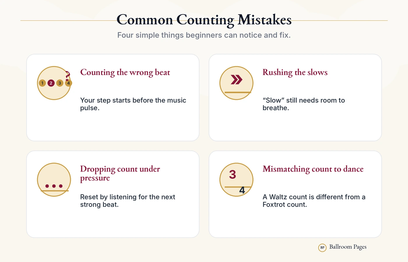 Common ballroom dance counting mistakes: counting the wrong beat, rushing slows, dropping the count, and mismatching the dance count.