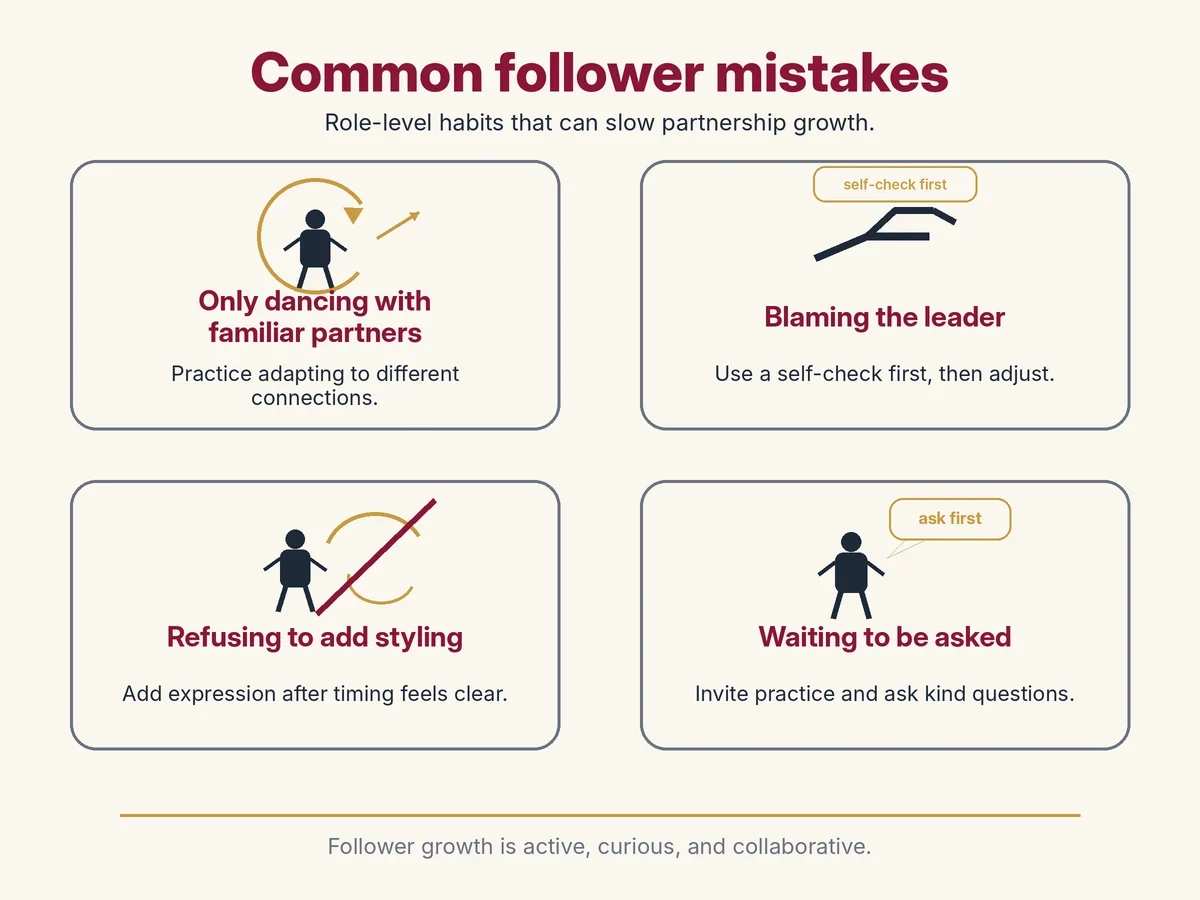 Common ballroom dance follower mistakes: only dancing with familiar partners, blaming bad leads, refusing to add styling, and not asking to dance.