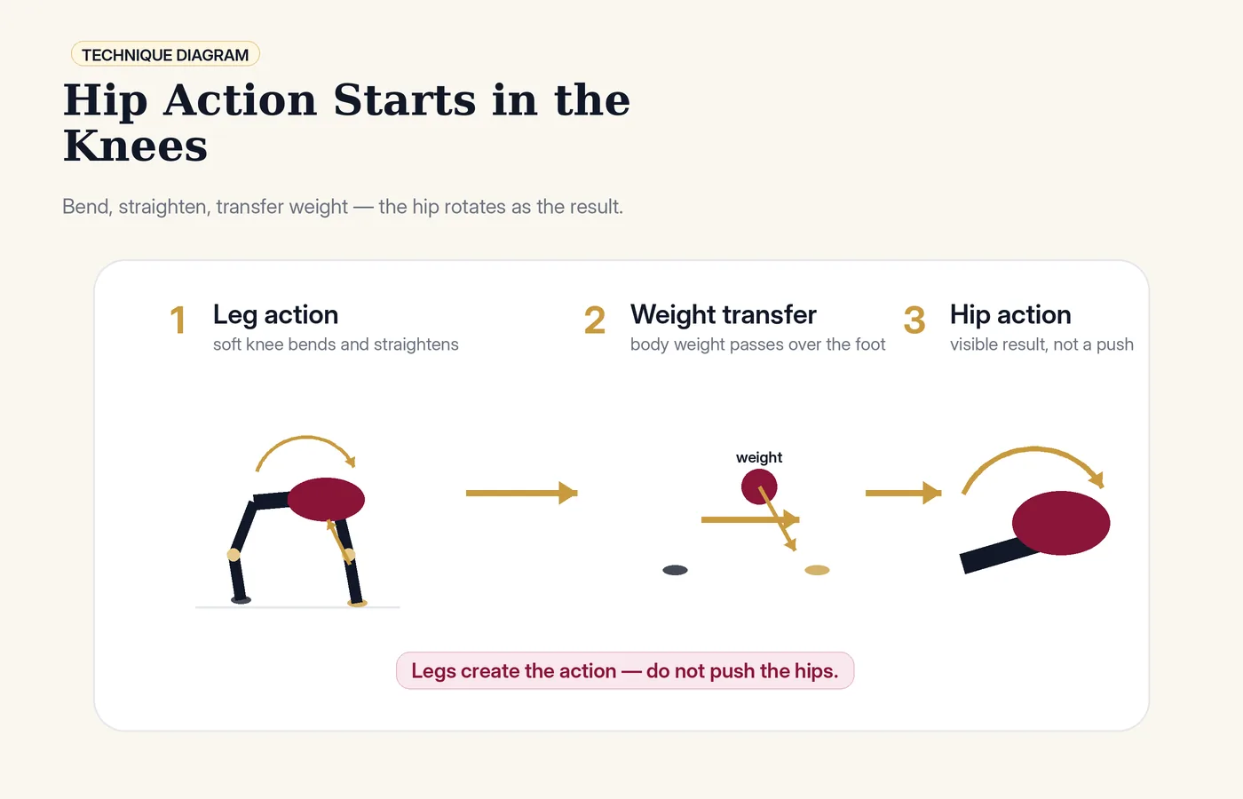 Diagram showing Latin hip action arising from bending and straightening the knees during weight transfer.