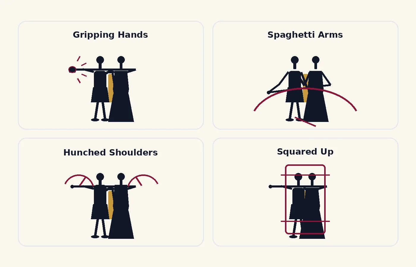 Common dance hold mistakes: gripping the hands, collapsing the arms, hunching the shoulders, and holding with no tone.