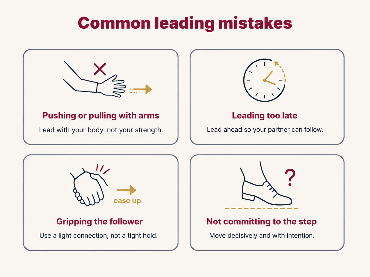 Common ballroom dance leading mistakes: pushing through the arms, leading too late, gripping the follower, and forgetting to commit to the step.