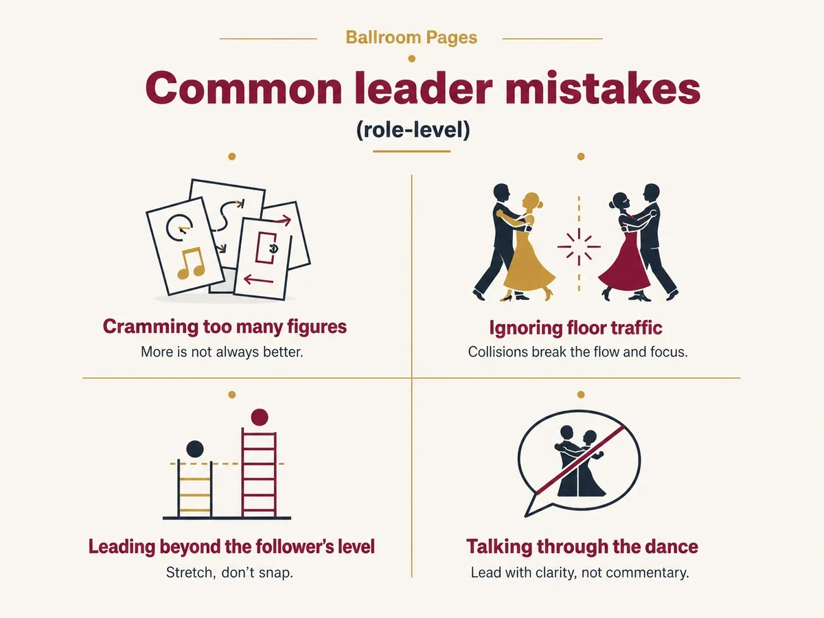 Common ballroom dance leader mistakes: cramming too many figures, ignoring floor traffic, leading beyond the follower's level, and not asking varied partners to dance.