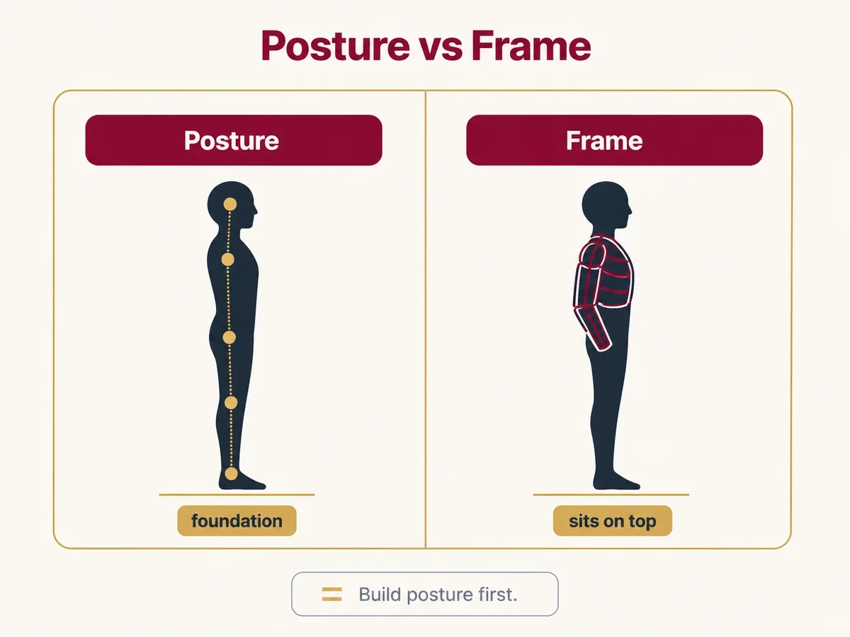 Comparison of posture (full-body vertical alignment) vs frame (upper-body shape) in ballroom dance.