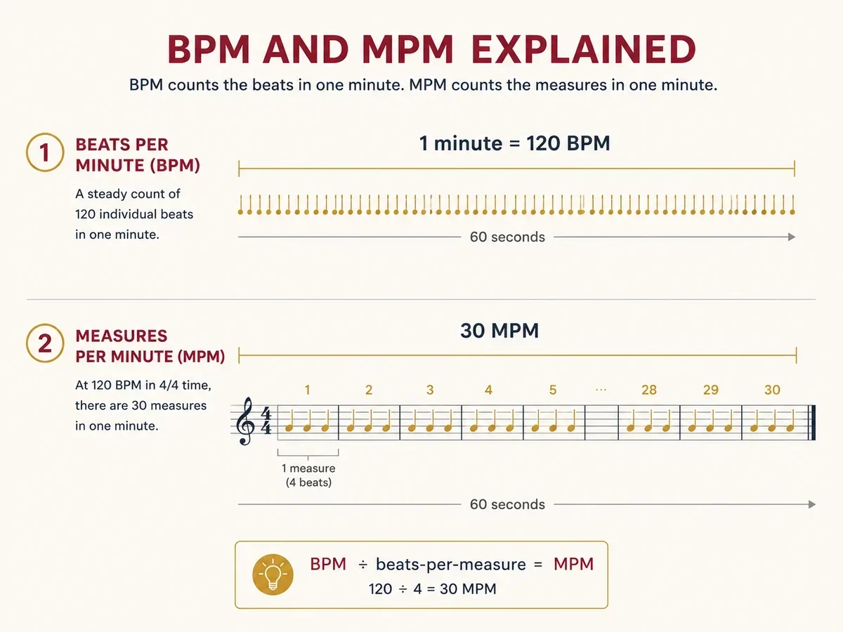 Diagram explaining BPM and MPM as measures of ballroom dance tempo with a clock-style visual.