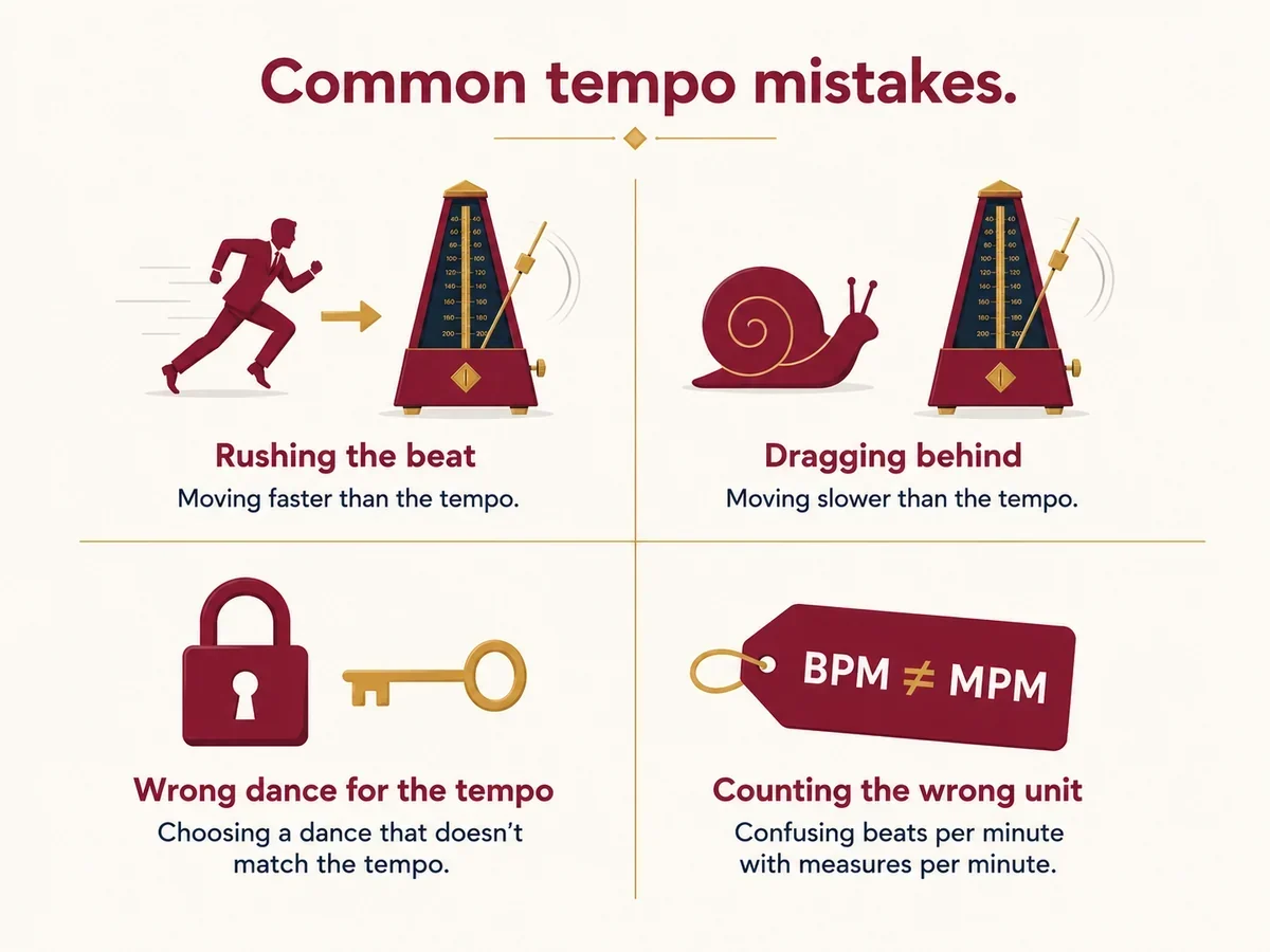 Common ballroom dance tempo mistakes: choosing music outside the range, mistaking half-time for the real tempo, ignoring tempo when picking practice songs, and double-timing slow songs.