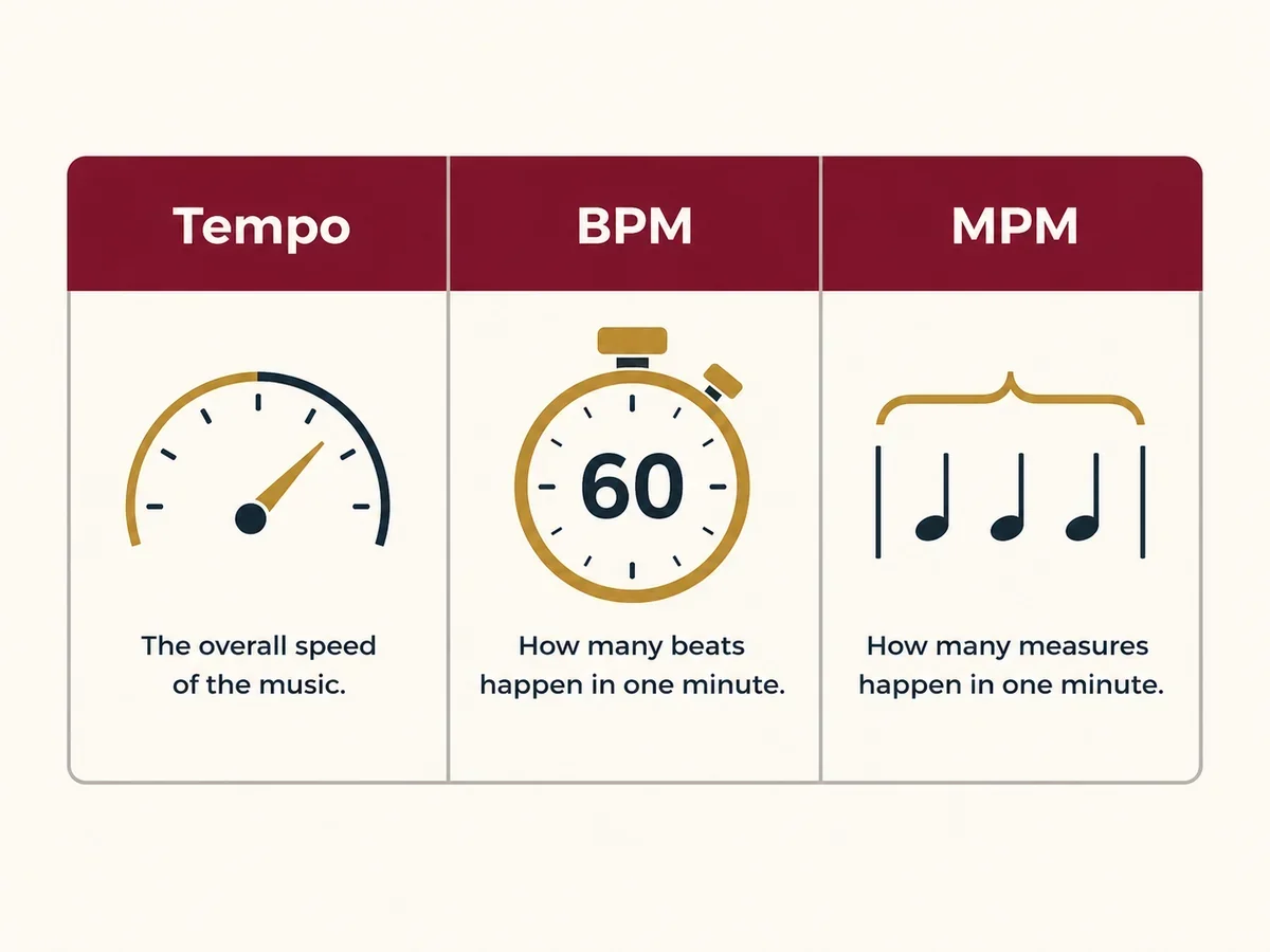 Visual comparison of tempo, BPM, and MPM as ways to measure ballroom dance music speed.