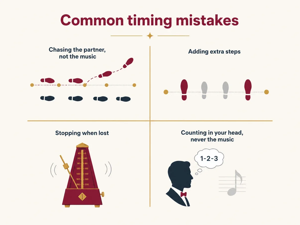 Common ballroom dance timing mistakes: stopping to count, rushing fast counts, ignoring slow counts, and counting steps instead of music.