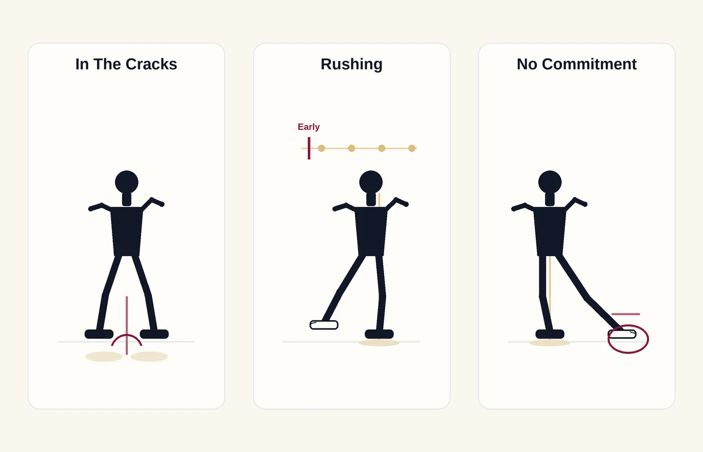 Common weight transfer mistakes: splitting weight between both feet, rushing the change, and never fully committing.