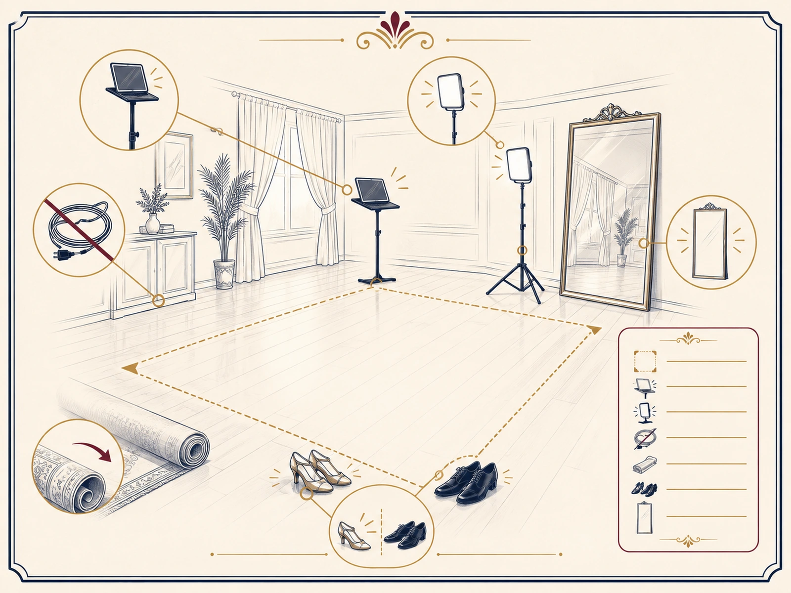 Diagram of a safe home ballroom practice setup with cleared floor, device stand, lighting, and removed tripping hazards.