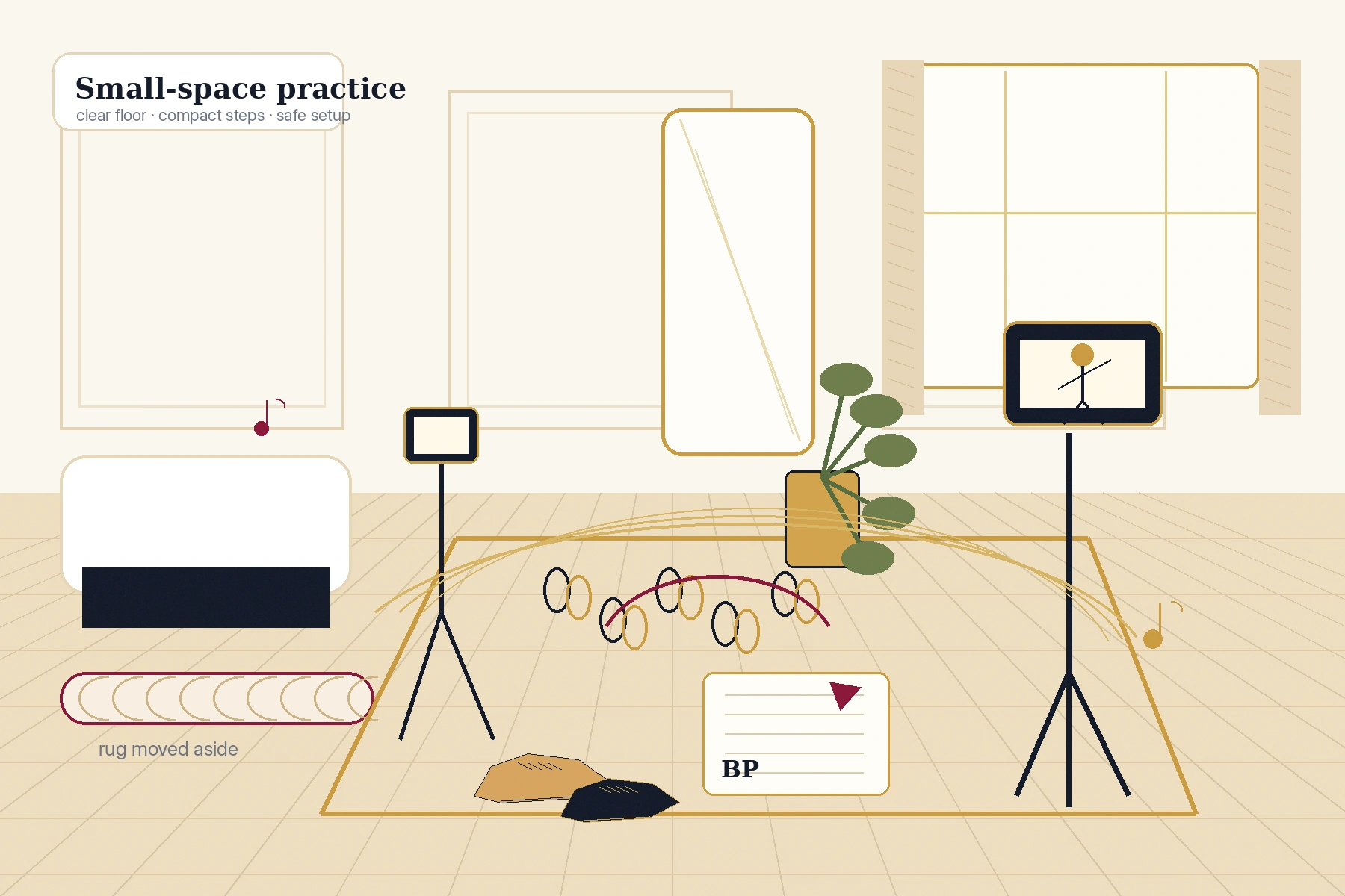 Small apartment ballroom practice setup with compact steps and safe cleared space.
