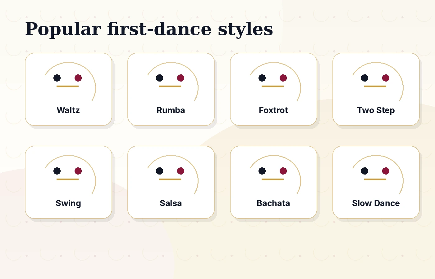 Cards comparing Waltz, Rumba, Nightclub Two Step, Foxtrot, Swing, Salsa, Bachata, and Cha Cha for a first dance.